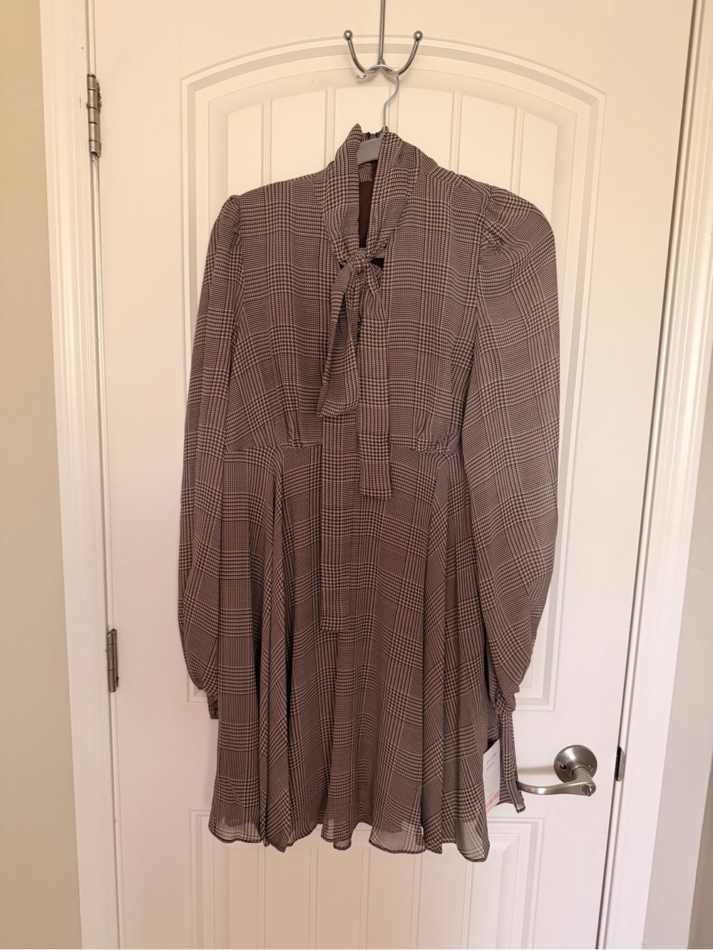 Taylor Plaid Tie-Neck Long Sleeve Dress - Taupe and Black